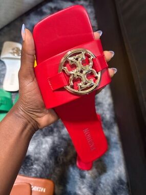 Red Slide Sandal with Gold Medallion